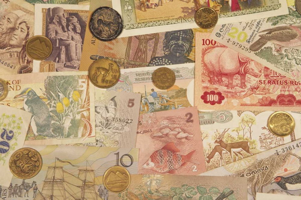 Coins and paper money from various countries